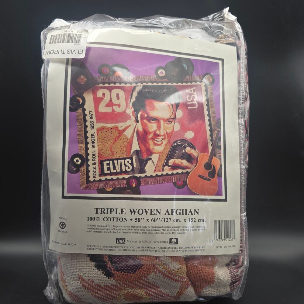 Elvis Cotton Woven Afghan Blanket Stamp Vintage 1990s